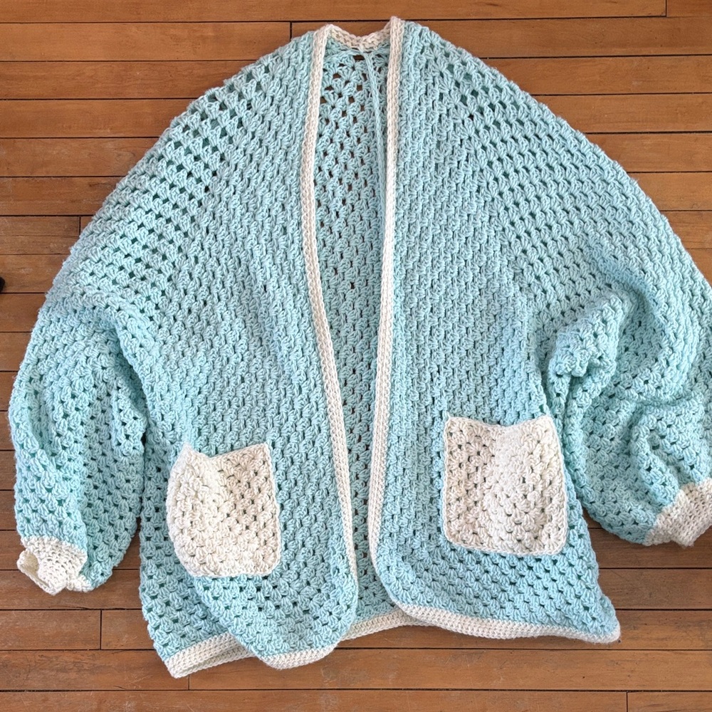 EUC Light BlueAqua Crochet Open Cardigan with Cream Trim